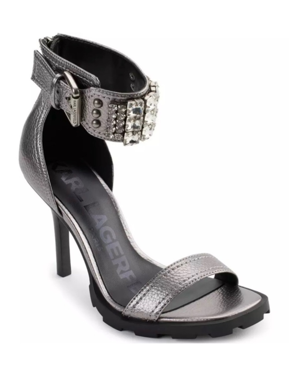 Karl Lagerfeld Metallic Ankle-Strap High Heels | Sz. 6.5 | Color: Pewter (NWB)